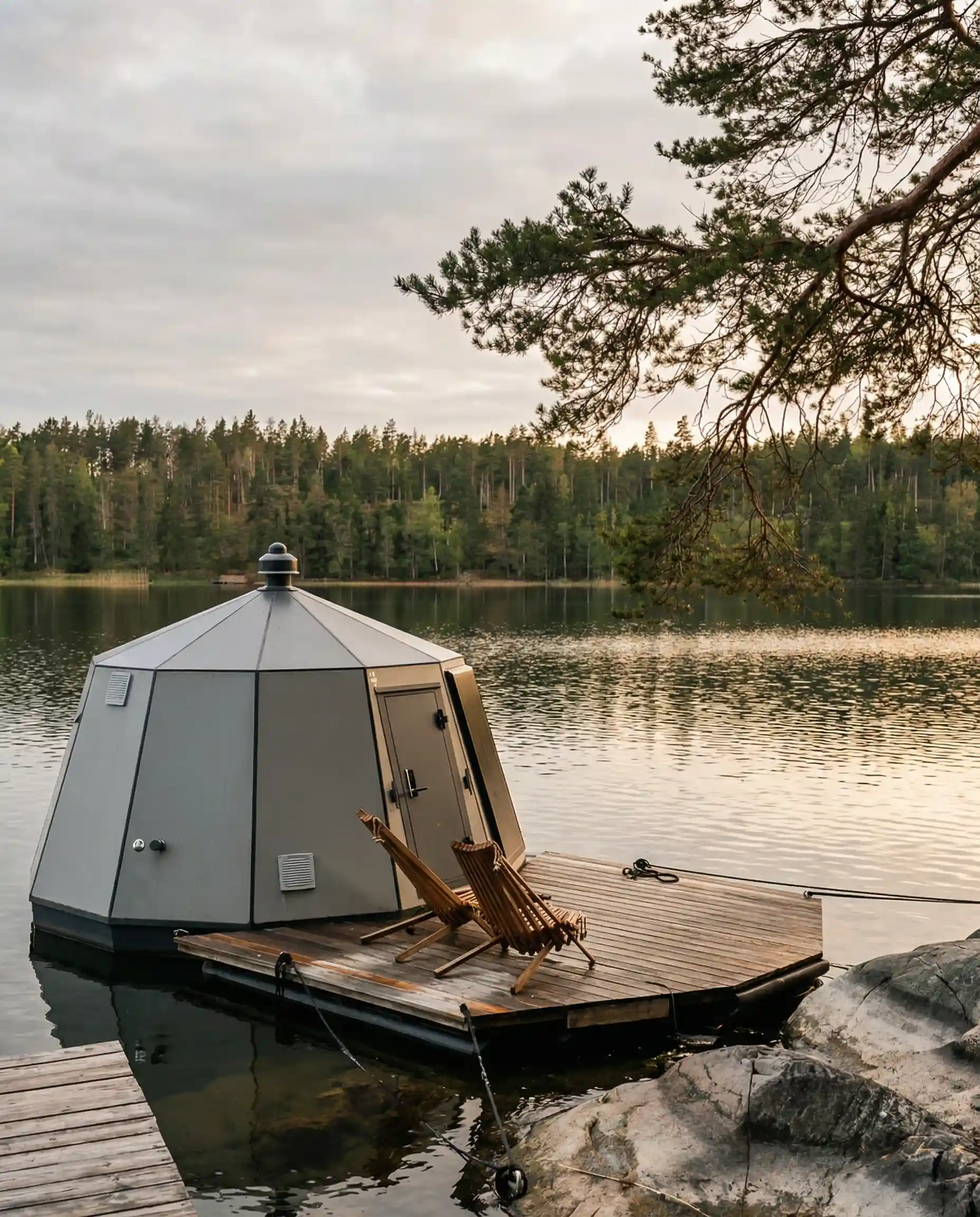 Lyxigt glampingboende på flottar och i trädtoppar vid skärgårdspärlan Örnviken nära Söderköping